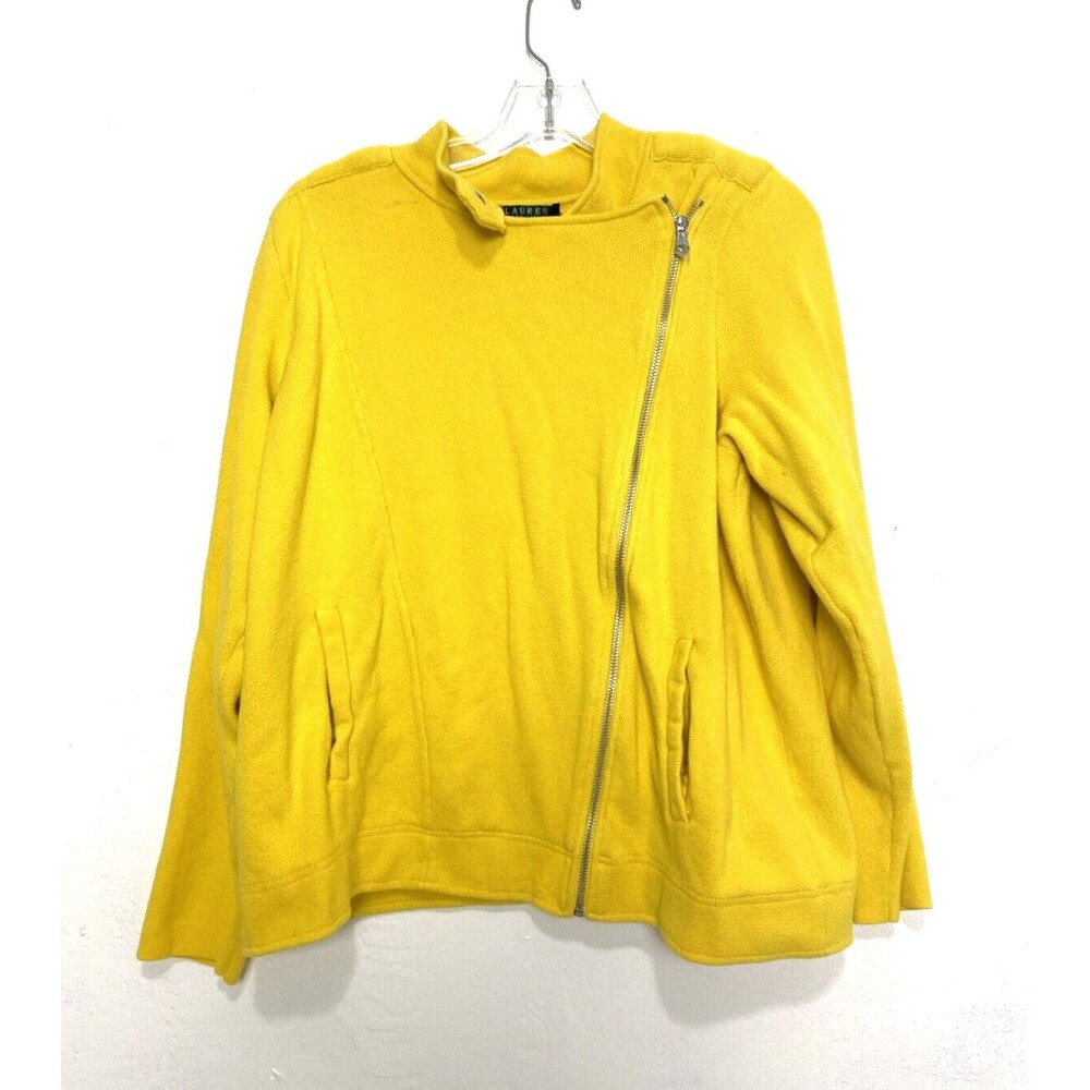 Lauren Ralph Lauren Cardigan Sweater Size 1X Yellow Moto Jacket Womens Cotton